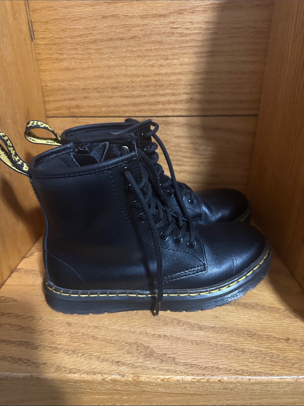 Dr. Martens Black Kids Lace-Up Leather Boots with Yellow Stitching
